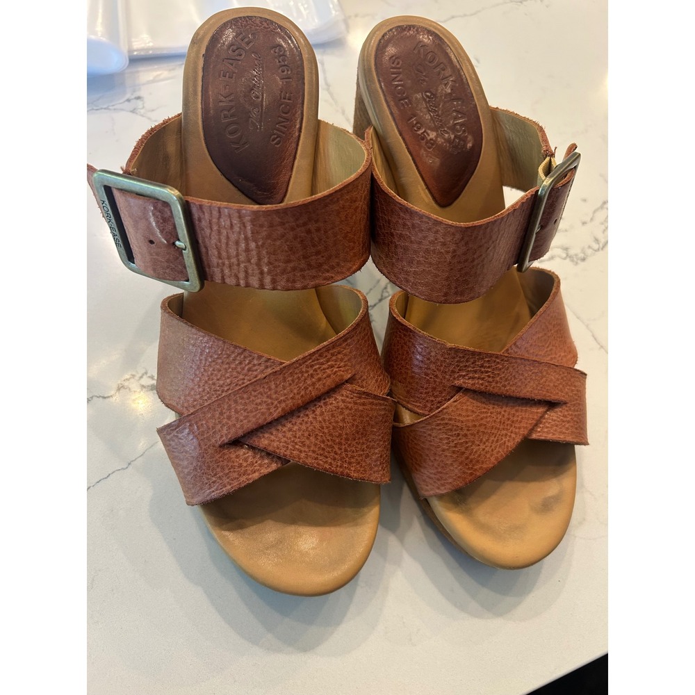 Kork-Ease Cook Sandals Tan Brown Leather Block Heel Buckle Platform K70426 9M